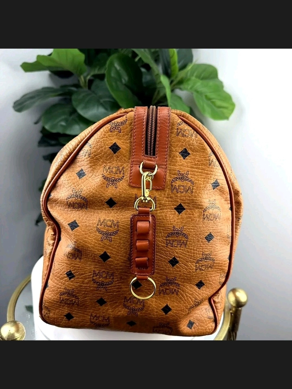 MCM Cognac Visetos Logo Duffel with Tan Trim - Picture 3 of 6
